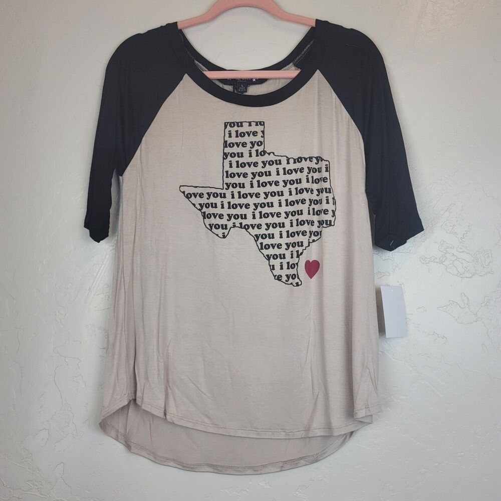 Living Doll Womens Sz L Texas Graphic Raglan Tee Love Heart Baseball Shirt USA